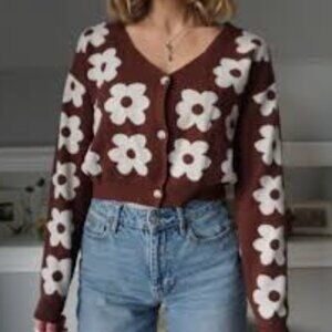 Forever 21 Brown Cream Floral Daisy Cropped Cardigan Womens Large Cardigan